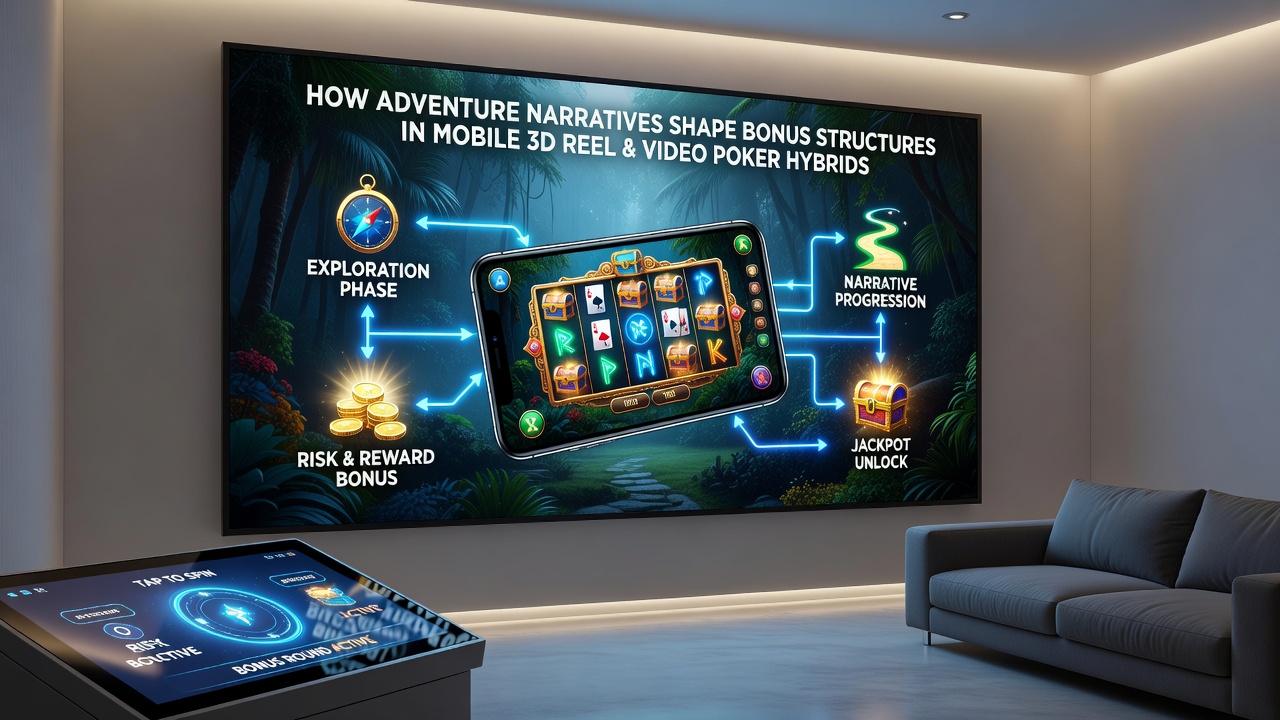 Close-up view of bonus structure in a 3D adventure hybrid game showing interconnected reel and poker elements