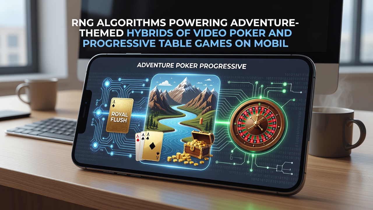 Mobile device screen displaying RNG-driven adventure elements in a hybrid video poker and progressive table game