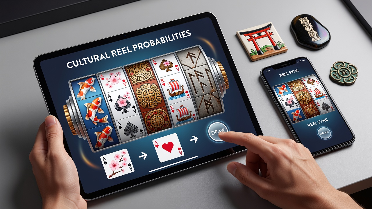 Close-up view of a tablet screen showing card draw interface merging with reel symbols featuring Eastern motifs including phoenix and pagoda icons